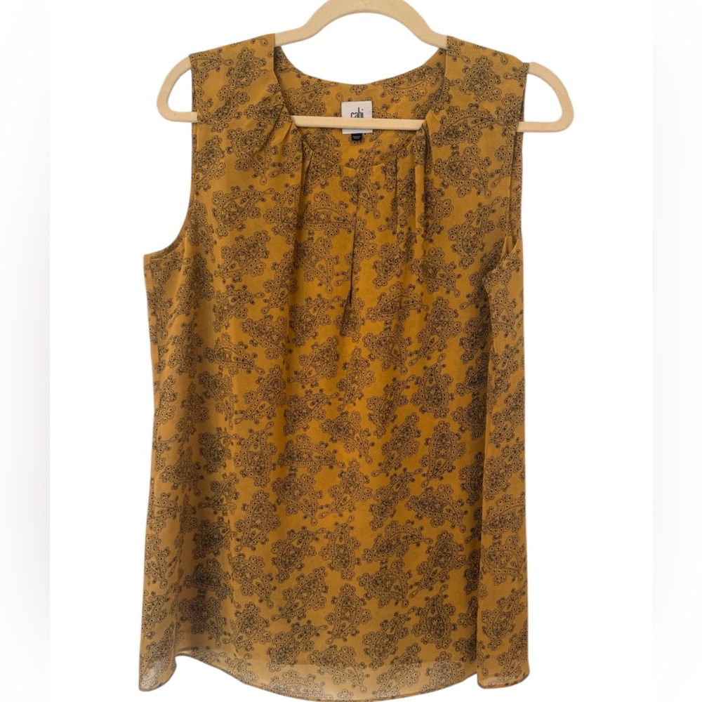 NWOT CAbi Floral Mustard Sleeveless Top in Size M